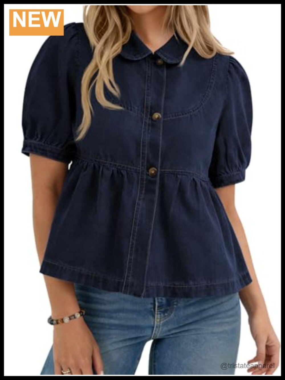 Women's Babydoll Peplum Denim Shirt Short Puff Sleeve Peter Pan Collar Flow